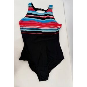 Cherokee Woman One Piece Swimsuit Black Striped High Neck Keyhole Back Sz 18X